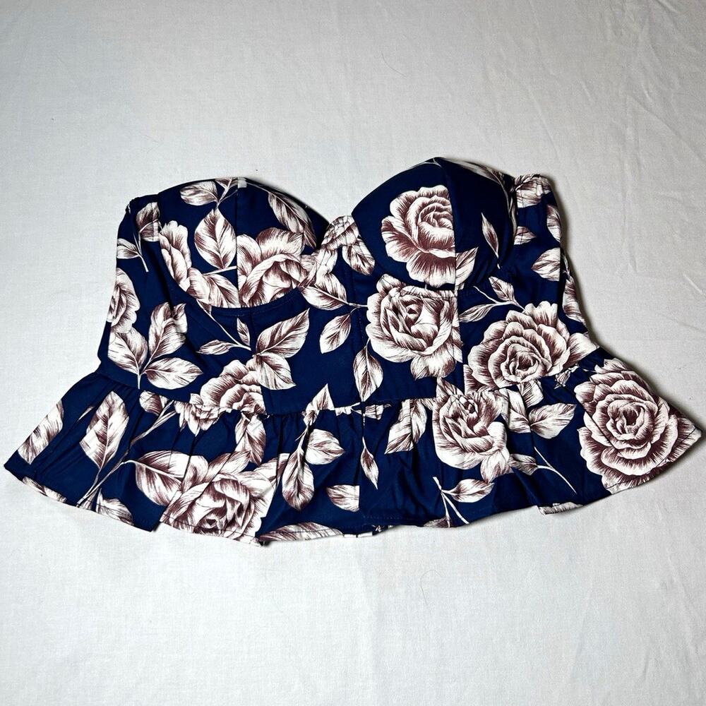 Priceless Strapless Floral Bustier Corset Top L B Underwired Stretch Zip Blue